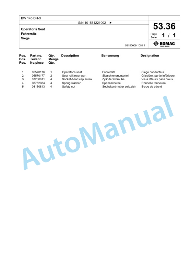 Bomag BW 145 DH-3 Single Drum Wheel Drive Vibratory Roller Spare Parts Catalogue 00817481 2 Bomag BW 145 DH-3 Single Drum Wheel Drive Vibratory Roller Spare Parts Catalogue 00817481-2