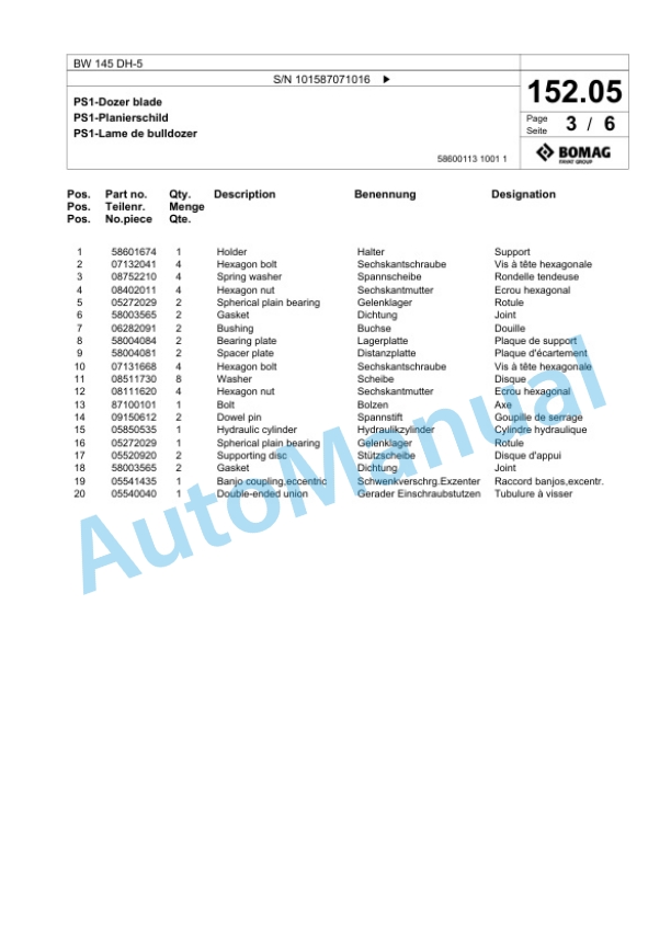 Bomag BW 145 DH-5 Single Drum Wheel Drive Vibratory Roller Spare Parts Catalogue 00825721 3 Bomag BW 145 DH-5 Single Drum Wheel Drive Vibratory Roller Spare Parts Catalogue 00825721-3