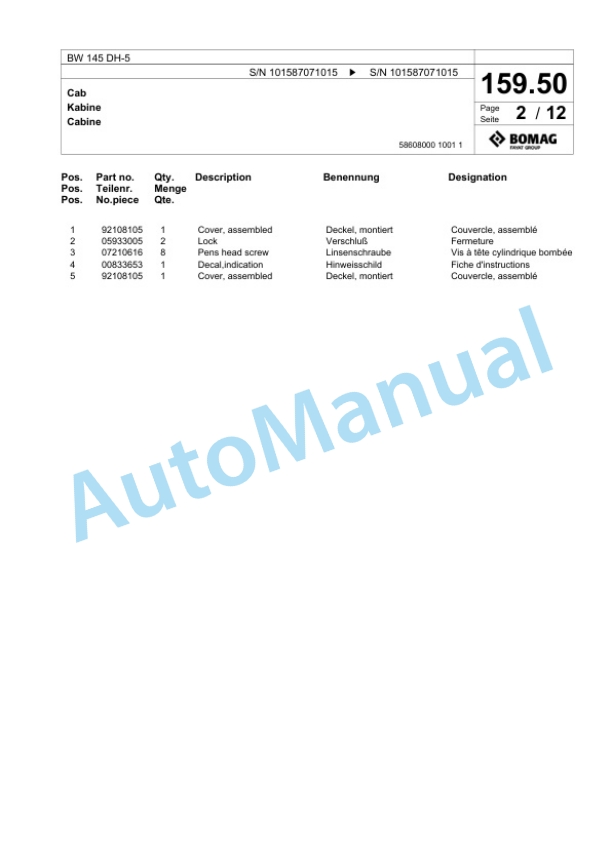 Bomag BW 145 DH-5 Single Drum Wheel Drive Vibratory Roller Spare Parts Catalogue 00825721 4 Bomag BW 145 DH-5 Single Drum Wheel Drive Vibratory Roller Spare Parts Catalogue 00825721-4