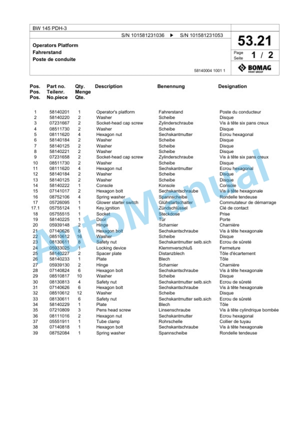 Bomag BW 145 PDH-3 Single Drum Wheel Drive Vibratory Roller Spare Parts Catalogue 00817483 2 Bomag BW 145 PDH-3 Single Drum Wheel Drive Vibratory Roller Spare Parts Catalogue 00817483-2