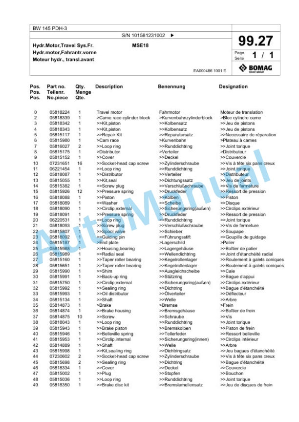 Bomag BW 145 PDH-3 Single Drum Wheel Drive Vibratory Roller Spare Parts Catalogue 00817483 4 Bomag BW 145 PDH-3 Single Drum Wheel Drive Vibratory Roller Spare Parts Catalogue 00817483-4