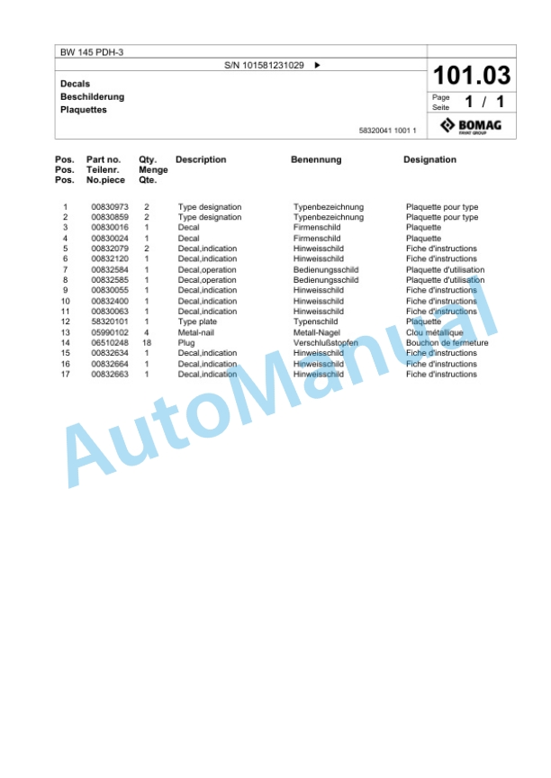 Bomag BW 145 PDH-3 Single Drum Wheel Drive Vibratory Roller Spare Parts Catalogue 00817483 5 Bomag BW 145 PDH-3 Single Drum Wheel Drive Vibratory Roller Spare Parts Catalogue 00817483-5