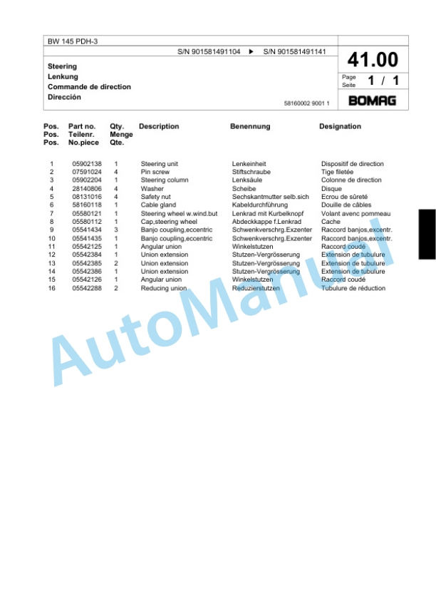 Bomag BW 145 PDH-3 Single Drum Wheel Drive Vibratory Roller Spare Parts Catalogue 00817639 2 Bomag BW 145 PDH-3 Single Drum Wheel Drive Vibratory Roller Spare Parts Catalogue 00817639-2