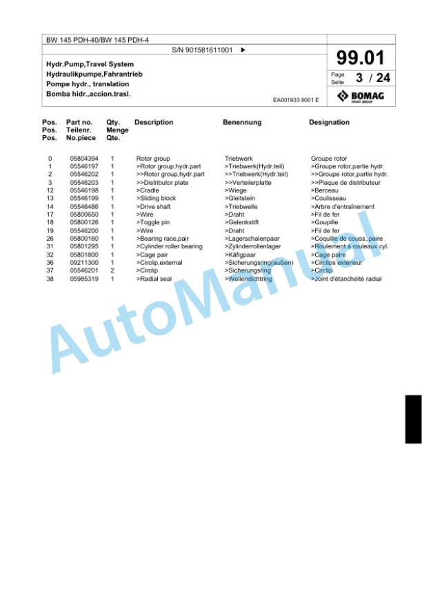 Bomag BW 145 PDH-40, BW 145 PDH-4 Single Drum Wheel Drive Vibratory Roller Spare Parts Catalogue 00818327-3