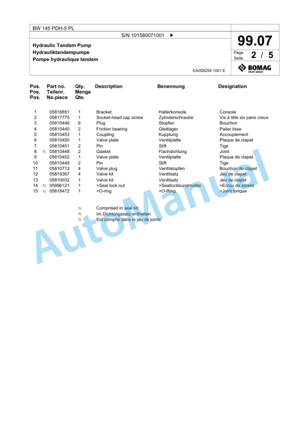 Bomag BW 145 PDH-5 PL Single Drum Wheel Drive Vibratory Roller Spare Parts Catalogue 00827067 2 Bomag BW 145 PDH-5 PL Single Drum Wheel Drive Vibratory Roller Spare Parts Catalogue 00827067-2
