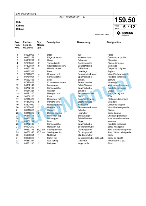 Bomag BW 145 PDH-5 PL Single Drum Wheel Drive Vibratory Roller Spare Parts Catalogue 00827067 4 Bomag BW 145 PDH-5 PL Single Drum Wheel Drive Vibratory Roller Spare Parts Catalogue 00827067-4