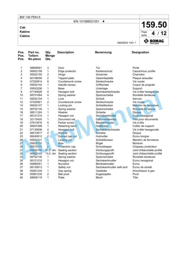 Bomag BW 145 PDH-5 Single Drum Wheel Drive Vibratory Roller Spare Parts Catalogue 00824473 5 Bomag BW 145 PDH-5 Single Drum Wheel Drive Vibratory Roller Spare Parts Catalogue 00824473-5