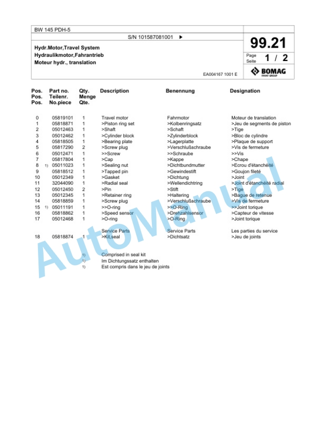 Bomag BW 145 PDH-5 Single Drum Wheel Drive Vibratory Roller Spare Parts Catalogue 00825723 2 Bomag BW 145 PDH-5 Single Drum Wheel Drive Vibratory Roller Spare Parts Catalogue 00825723-2