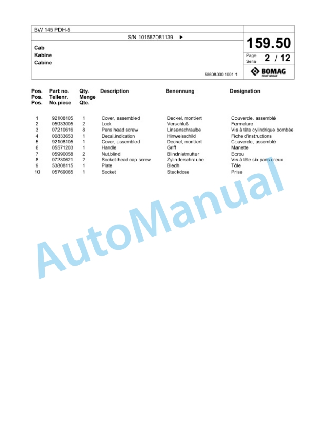 Bomag BW 145 PDH-5 Single Drum Wheel Drive Vibratory Roller Spare Parts Catalogue 00825723 4 Bomag BW 145 PDH-5 Single Drum Wheel Drive Vibratory Roller Spare Parts Catalogue 00825723-4