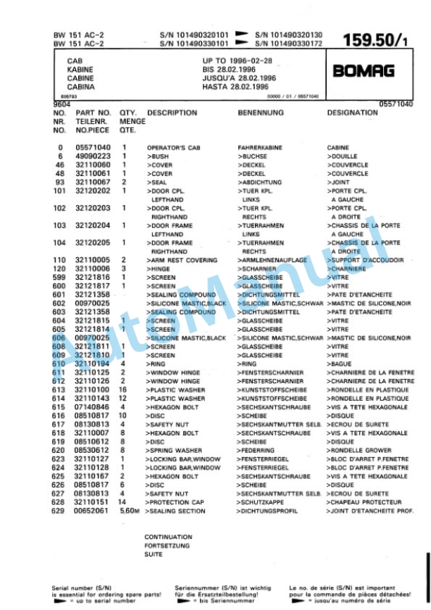 Bomag BW 151 AC-2 Combination Roller Spare Parts Catalogue 00810090 5 Bomag BW 151 AC-2 Combination Roller Spare Parts Catalogue 00810090-5