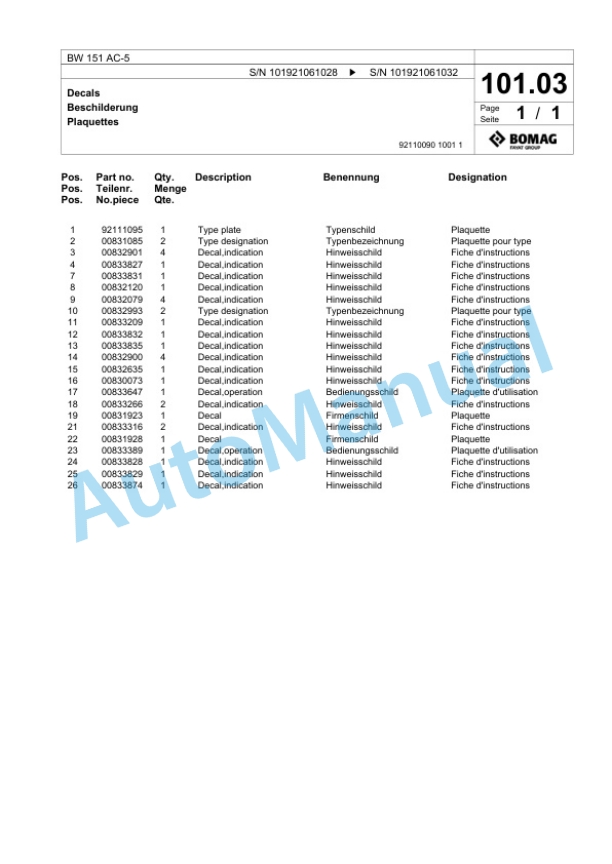 Bomag BW 151 AC-5 Combination Roller Spare Parts Catalogue 00824057 3 Bomag BW 151 AC-5 Combination Roller Spare Parts Catalogue 00824057-3