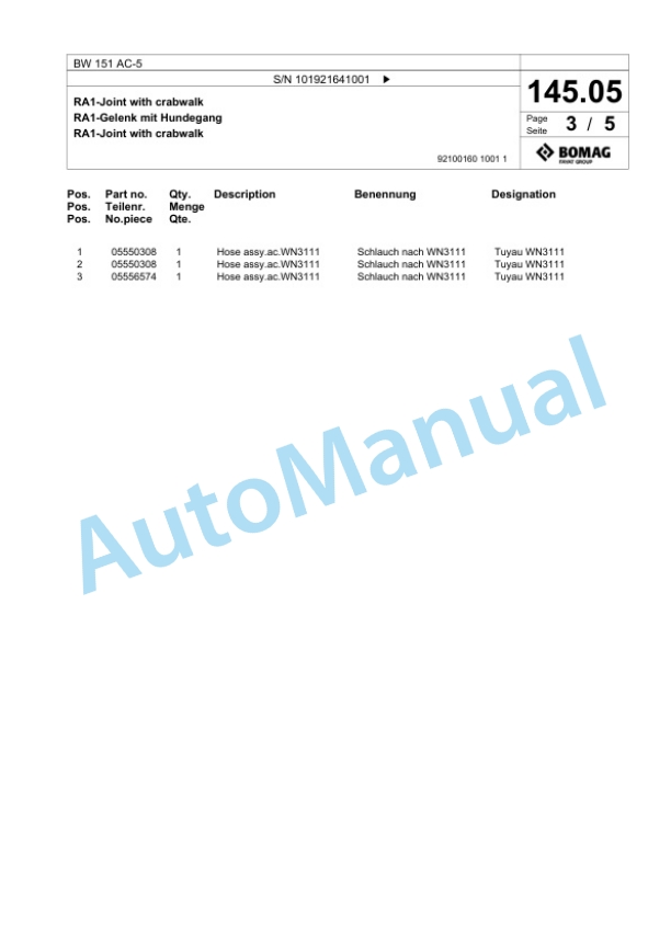 Bomag BW 151 AC-5 Combination Roller Spare Parts Catalogue 00825349 3 Bomag BW 151 AC-5 Combination Roller Spare Parts Catalogue 00825349-3