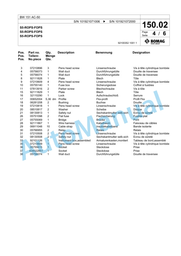 Bomag BW 151 AC-50 Combination Roller Spare Parts Catalogue 00824503-3