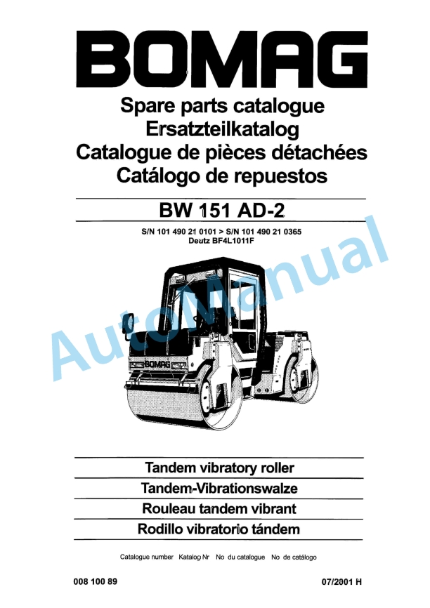 Bomag BW 151 AD-2 Tandem Vibratory Roller Spare Parts Catalogue 00810089 1 Bomag BW 151 AD-2 Tandem Vibratory Roller Spare Parts Catalogue 00810089