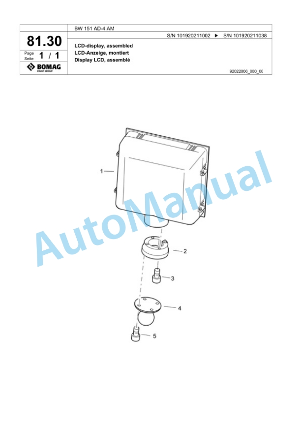 Bomag BW 151 AD-4 AM Tandem Vibratory Roller Spare Parts Catalogue 00817913 2 Bomag BW 151 AD-4 AM Tandem Vibratory Roller Spare Parts Catalogue 00817913-2