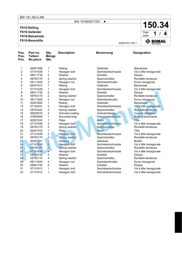 Bomag BW 151 AD-4 AM Tandem Vibratory Roller Spare Parts Catalogue 00824017 4 Bomag BW 151 AD-4 AM Tandem Vibratory Roller Spare Parts Catalogue 00824017-4