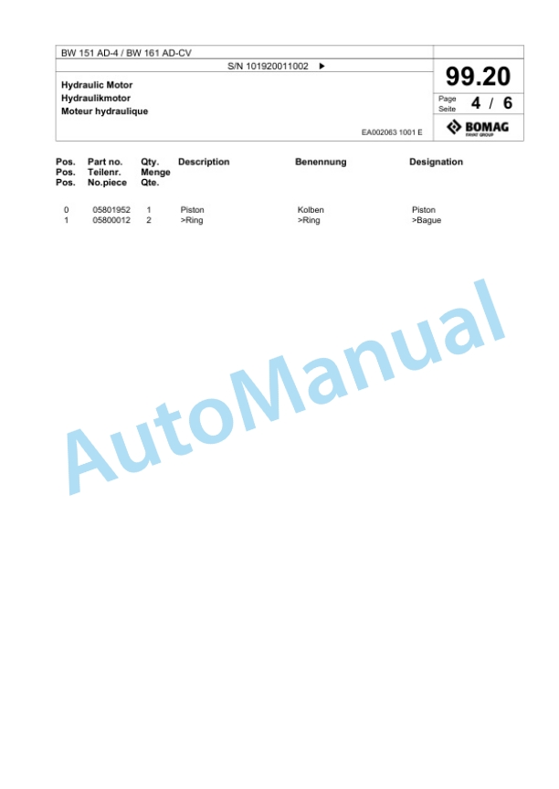 Bomag BW 151 AD-4, BW 161 AD-CV Tandem Vibratory Roller Spare Parts Catalogue 00817843 3 Bomag BW 151 AD-4, BW 161 AD-CV Tandem Vibratory Roller Spare Parts Catalogue 00817843-3