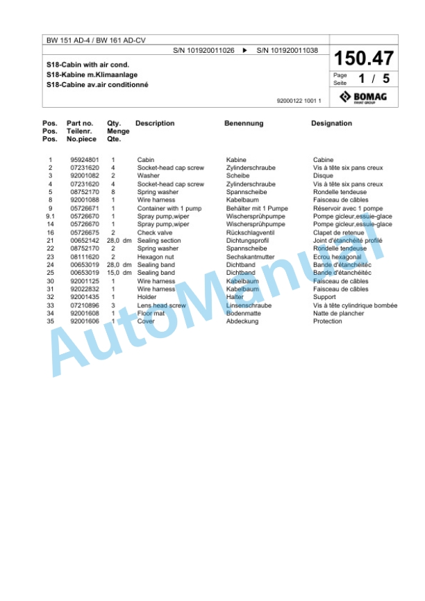 Bomag BW 151 AD-4, BW 161 AD-CV Tandem Vibratory Roller Spare Parts Catalogue 00817843 5 Bomag BW 151 AD-4, BW 161 AD-CV Tandem Vibratory Roller Spare Parts Catalogue 00817843-5