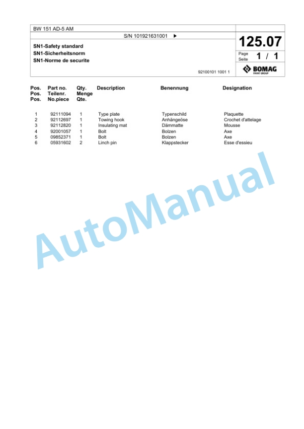 Bomag BW 151 AD-5 AM Tandem Vibratory Roller Spare Parts Catalogue 00825347 3 Bomag BW 151 AD-5 AM Tandem Vibratory Roller Spare Parts Catalogue 00825347-3