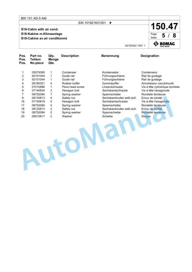 Bomag BW 151 AD-5 AM Tandem Vibratory Roller Spare Parts Catalogue 00825347 4 Bomag BW 151 AD-5 AM Tandem Vibratory Roller Spare Parts Catalogue 00825347-4