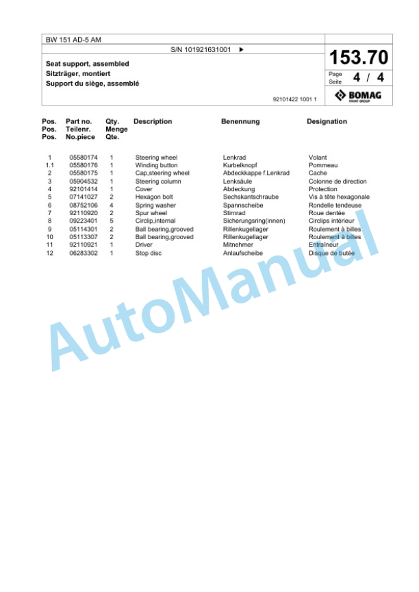Bomag BW 151 AD-5 AM Tandem Vibratory Roller Spare Parts Catalogue 00825347 5 Bomag BW 151 AD-5 AM Tandem Vibratory Roller Spare Parts Catalogue 00825347-5