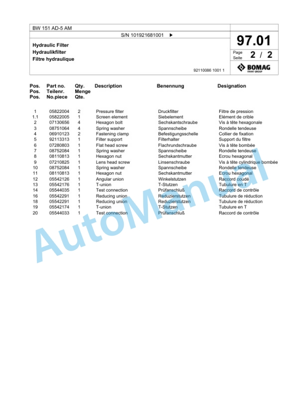 Bomag BW 151 AD-5 AM Tandem Vibratory Roller Spare Parts Catalogue 00825599 2 Bomag BW 151 AD-5 AM Tandem Vibratory Roller Spare Parts Catalogue 00825599-2
