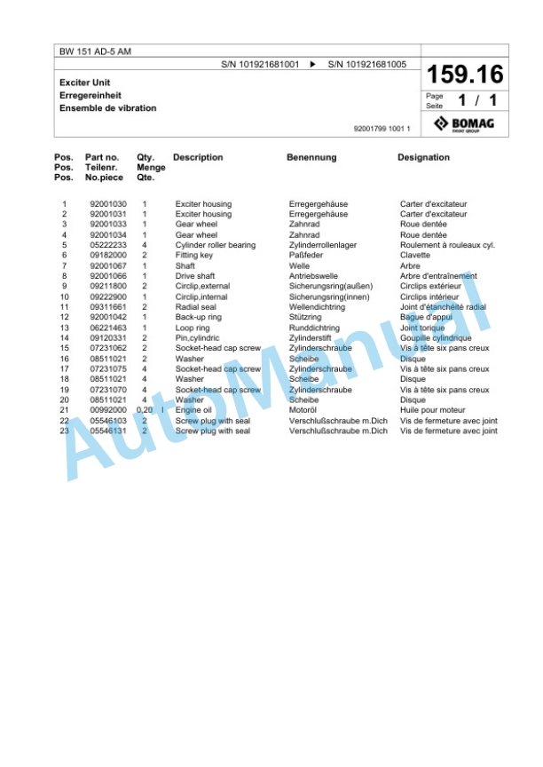 Bomag BW 151 AD-5 AM Tandem Vibratory Roller Spare Parts Catalogue 00825599 4 Bomag BW 151 AD-5 AM Tandem Vibratory Roller Spare Parts Catalogue 00825599-4