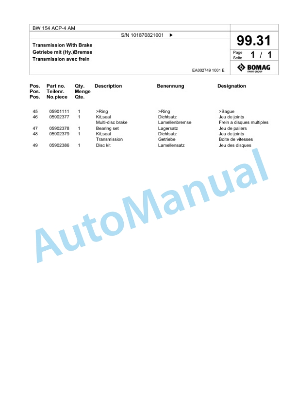 Bomag BW 154 ACP-4 AM Combination Roller Spare Parts Catalogue 00824719 3 Bomag BW 154 ACP-4 AM Combination Roller Spare Parts Catalogue 00824719-3