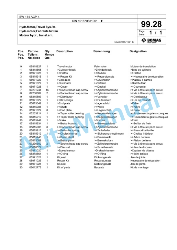 Bomag BW 154 ACP-4 Combination Roller Spare Parts Catalogue 00824721 3 Bomag BW 154 ACP-4 Combination Roller Spare Parts Catalogue 00824721-3