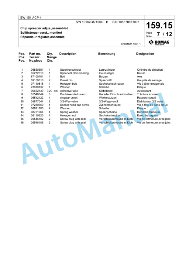 Bomag BW 154 ACP-4 Combination Roller Spare Parts Catalogue 00825675 4 Bomag BW 154 ACP-4 Combination Roller Spare Parts Catalogue 00825675-4