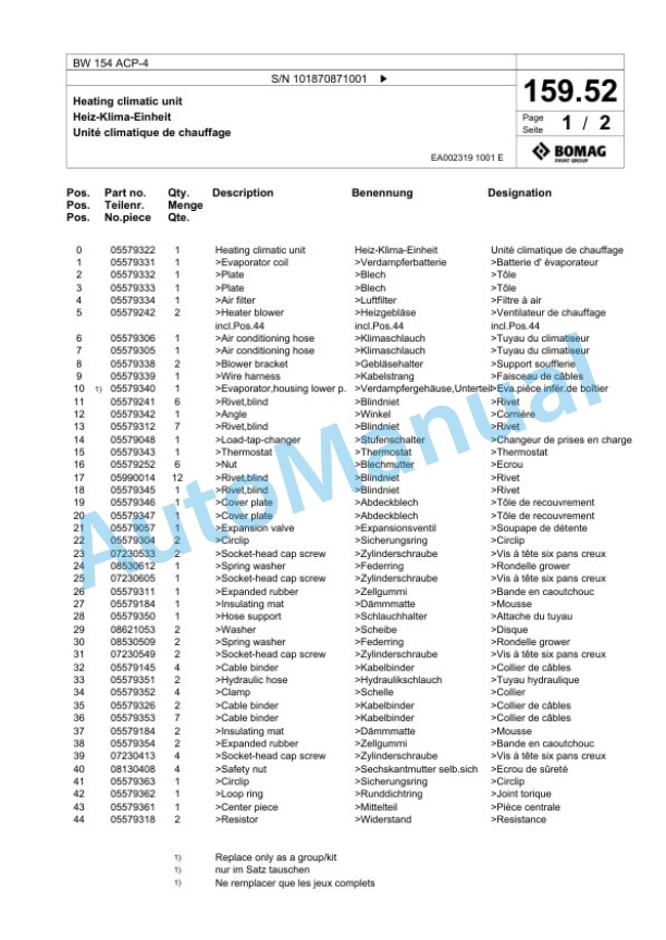 Bomag BW 154 ACP-4 Combination Roller Spare Parts Catalogue 00825675 5 Bomag BW 154 ACP-4 Combination Roller Spare Parts Catalogue 00825675-5