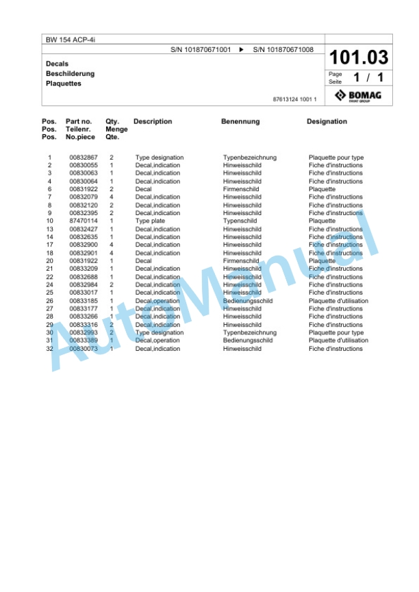 Bomag BW 154 ACP-4i Combination Roller Spare Parts Catalogue 00824591 3 Bomag BW 154 ACP-4i Combination Roller Spare Parts Catalogue 00824591-3