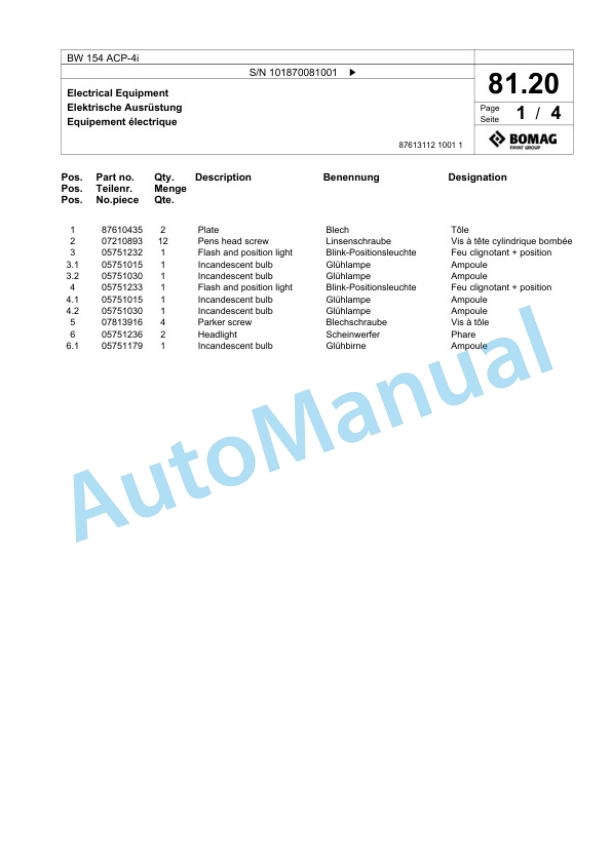 Bomag BW 154 ACP-4i Combination Roller Spare Parts Catalogue 00825385 2 Bomag BW 154 ACP-4i Combination Roller Spare Parts Catalogue 00825385-2