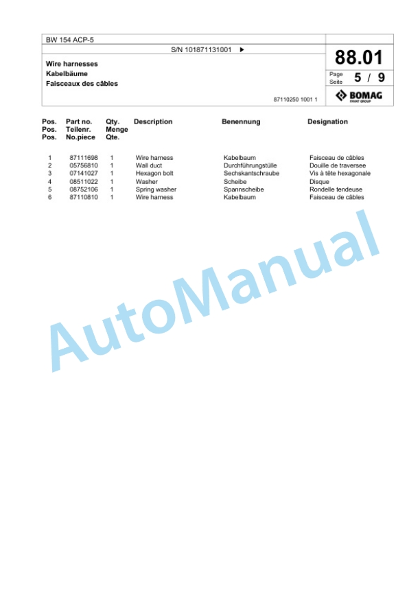 Bomag BW 154 ACP-5 Combination Roller Spare Parts Catalogue 00826317 2 Bomag BW 154 ACP-5 Combination Roller Spare Parts Catalogue 00826317-2