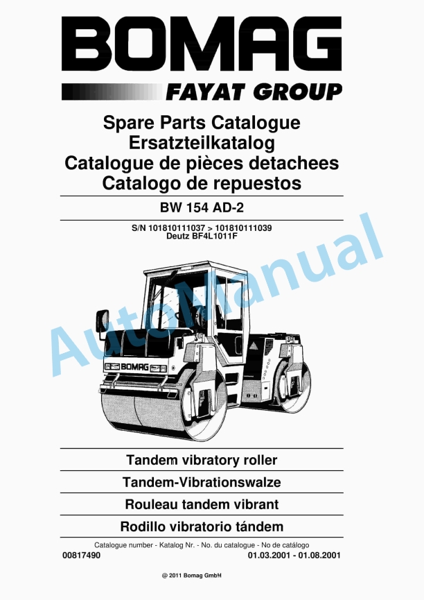 Bomag BW 154 AD-2 Tandem Vibratory Roller Spare Parts Catalogue 00817490 1 Bomag BW 154 AD-2 Tandem Vibratory Roller Spare Parts Catalogue 00817490
