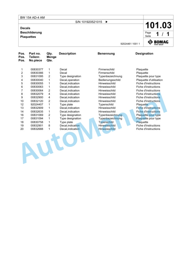 Bomag BW 154 AD-4 AM Tandem Vibratory Roller Spare Parts Catalogue 00818447 3 Bomag BW 154 AD-4 AM Tandem Vibratory Roller Spare Parts Catalogue 00818447-3