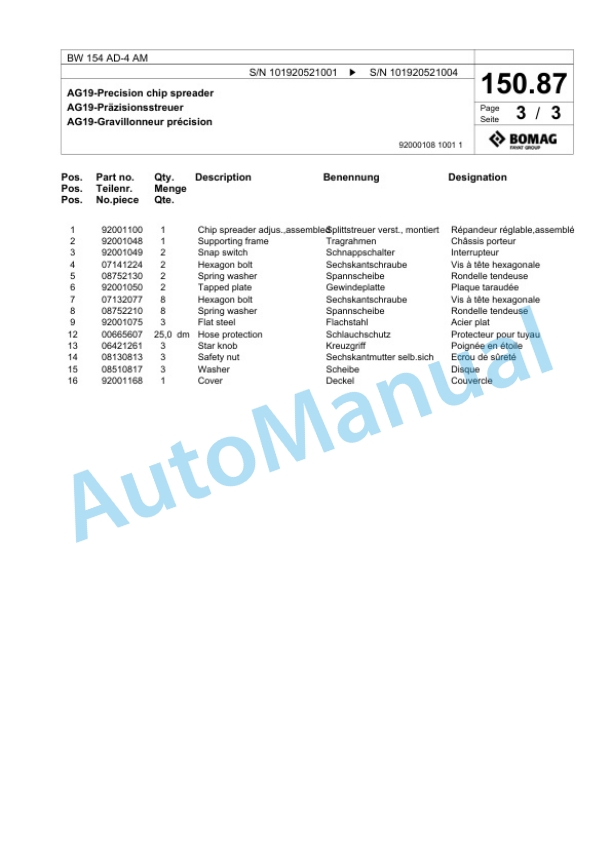 Bomag BW 154 AD-4 AM Tandem Vibratory Roller Spare Parts Catalogue 00818447 5 Bomag BW 154 AD-4 AM Tandem Vibratory Roller Spare Parts Catalogue 00818447-5
