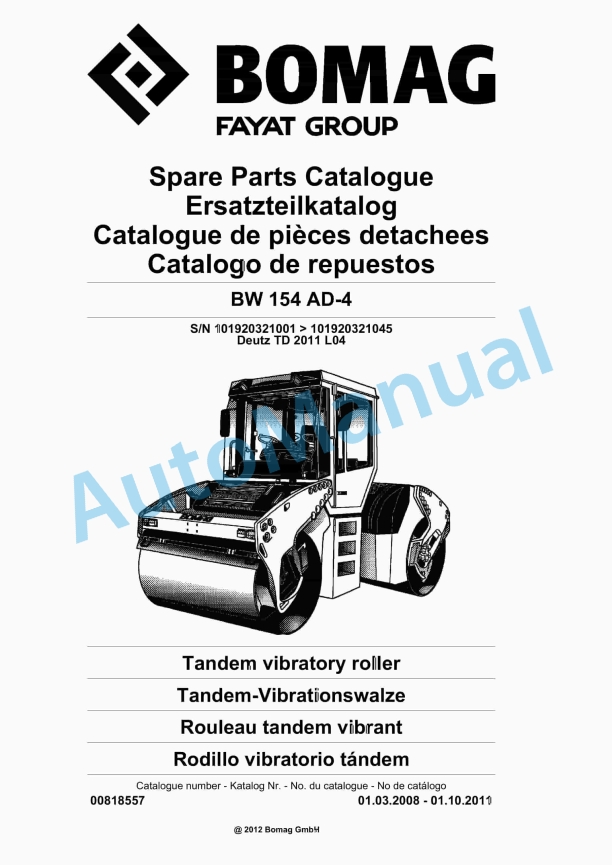 Bomag BW 154 AD-4 Tandem Vibratory Roller Spare Parts Catalogue 00818557 1 Bomag BW 154 AD-4 Tandem Vibratory Roller Spare Parts Catalogue 00818557