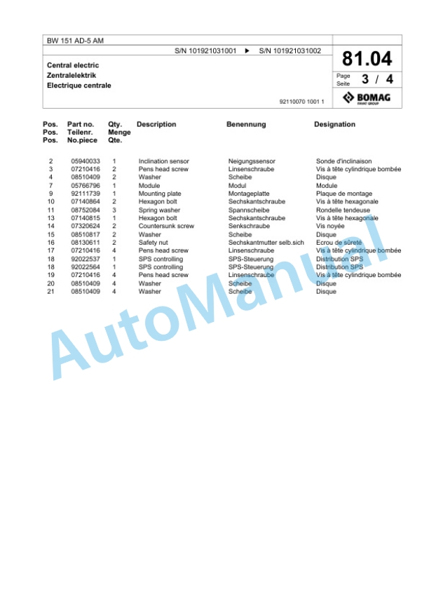 Bomag BW 154 AD-5 AM Tandem Vibratory Roller Spare Parts Catalogue 00824055 2 Bomag BW 154 AD-5 AM Tandem Vibratory Roller Spare Parts Catalogue 00824055-2