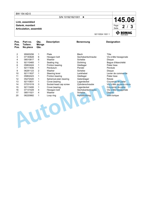 Bomag BW 154 AD-5 Tandem Vibratory Roller Spare Parts Catalogue 00825345 3 Bomag BW 154 AD-5 Tandem Vibratory Roller Spare Parts Catalogue 00825345-3