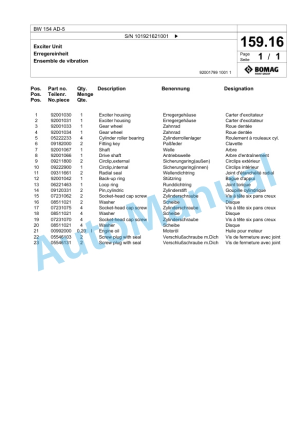 Bomag BW 154 AD-5 Tandem Vibratory Roller Spare Parts Catalogue 00825345 5 Bomag BW 154 AD-5 Tandem Vibratory Roller Spare Parts Catalogue 00825345-5