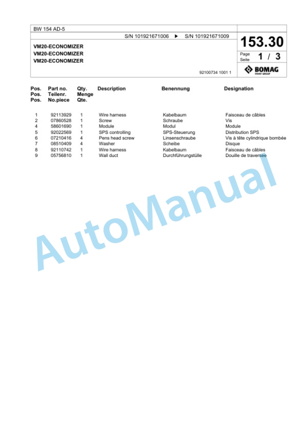 Bomag BW 154 AD-5 Tandem Vibratory Roller Spare Parts Catalogue 00825597 3 Bomag BW 154 AD-5 Tandem Vibratory Roller Spare Parts Catalogue 00825597-3