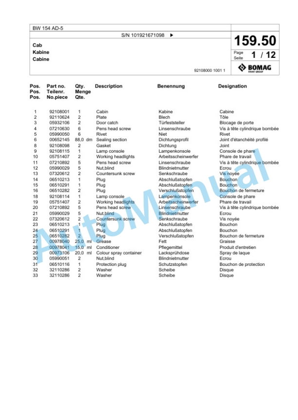 Bomag BW 154 AD-5 Tandem Vibratory Roller Spare Parts Catalogue 00825597 4 Bomag BW 154 AD-5 Tandem Vibratory Roller Spare Parts Catalogue 00825597-4