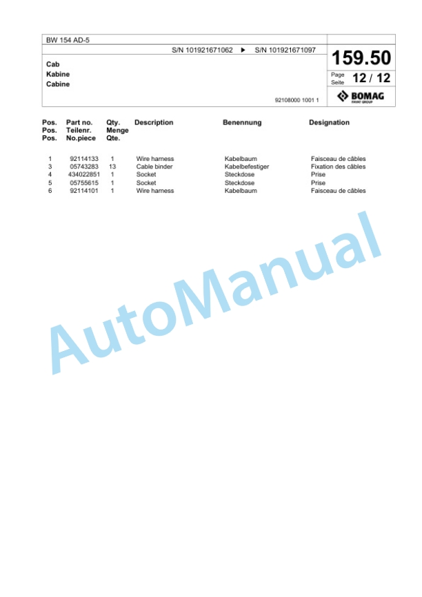 Bomag BW 154 AD-5 Tandem Vibratory Roller Spare Parts Catalogue 00825597 5 Bomag BW 154 AD-5 Tandem Vibratory Roller Spare Parts Catalogue 00825597-5