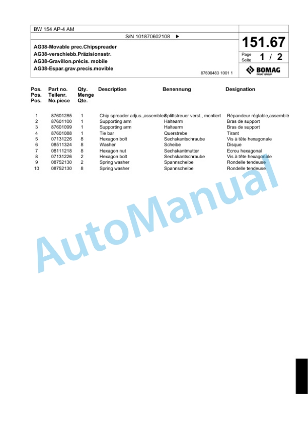 Bomag BW 154 AP-4 AM Tandem Vibratory Roller Spare Parts Catalogue 00818299 5 Bomag BW 154 AP-4 AM Tandem Vibratory Roller Spare Parts Catalogue 00818299-5