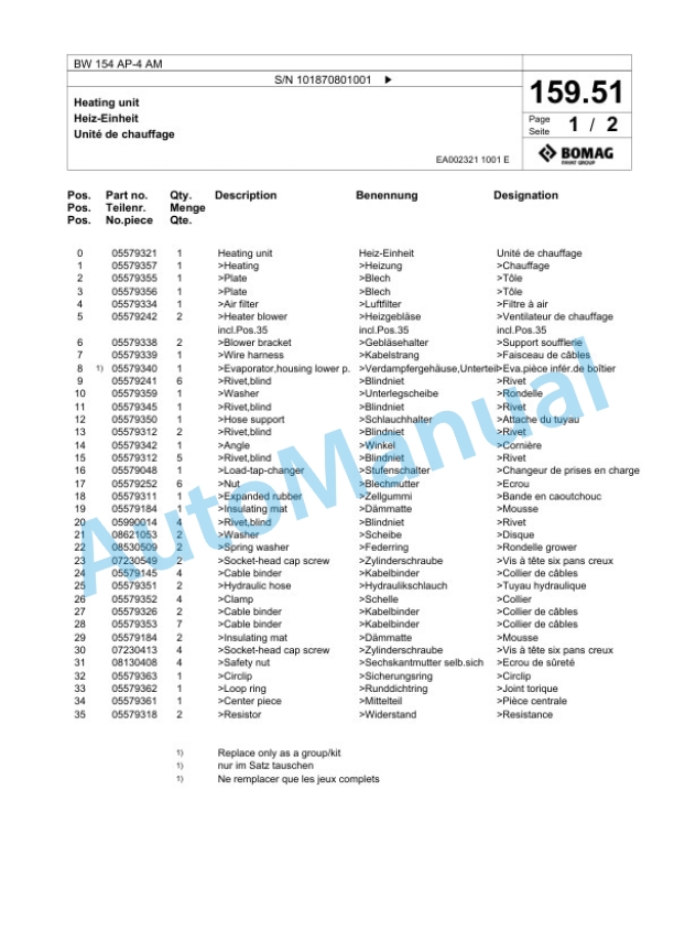 Bomag BW 154 AP-4 AM Tandem Vibratory Roller Spare Parts Catalogue 00824715 5 Bomag BW 154 AP-4 AM Tandem Vibratory Roller Spare Parts Catalogue 00824715-5
