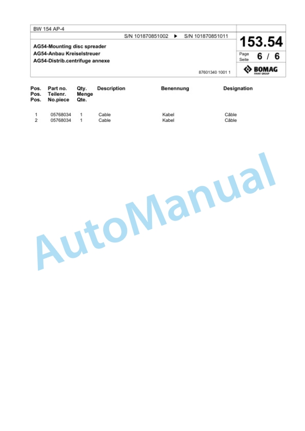Bomag BW 154 AP-4 Tandem Vibratory Roller Spare Parts Catalogue 00825671 3 Bomag BW 154 AP-4 Tandem Vibratory Roller Spare Parts Catalogue 00825671-3
