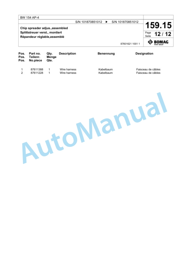 Bomag BW 154 AP-4 Tandem Vibratory Roller Spare Parts Catalogue 00825671 4 Bomag BW 154 AP-4 Tandem Vibratory Roller Spare Parts Catalogue 00825671-4