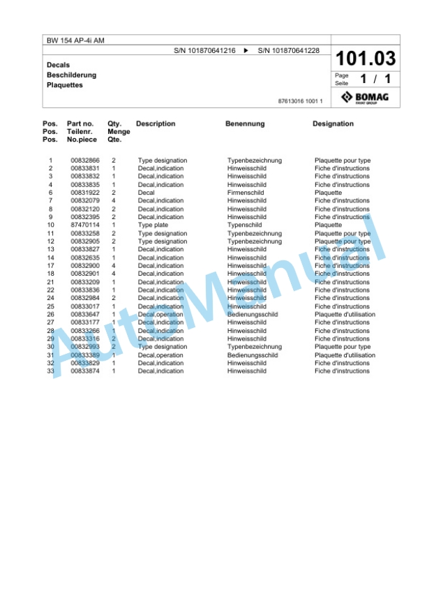 Bomag BW 154 AP-4i AM Tandem Vibratory Roller Spare Parts Catalogue 00824385 3 Bomag BW 154 AP-4i AM Tandem Vibratory Roller Spare Parts Catalogue 00824385-3