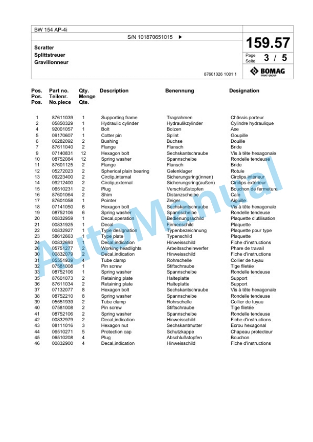 Bomag BW 154 AP-4i Tandem Vibratory Roller Spare Parts Catalogue 00824587 5 Bomag BW 154 AP-4i Tandem Vibratory Roller Spare Parts Catalogue 00824587-5